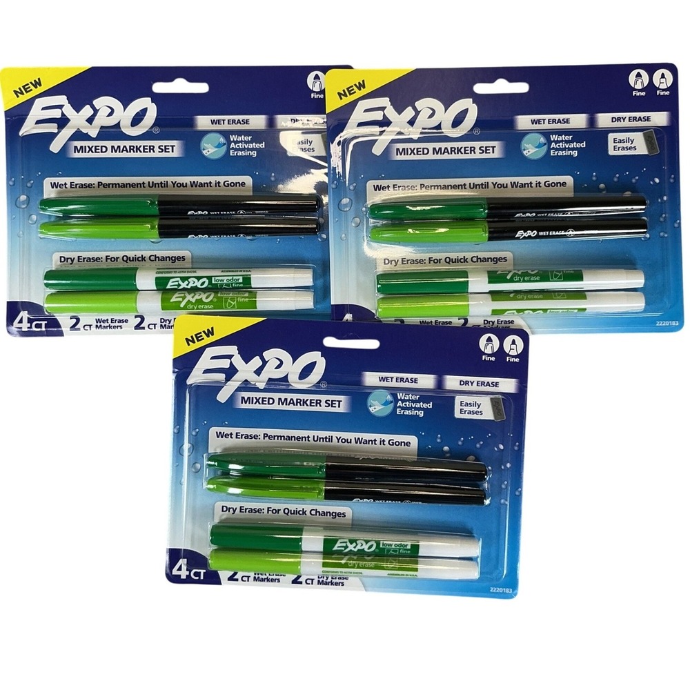 Lot of 3 Expo Mixed Marker Set 4ct Wet Erase Dry Erase Fine‎ Tip Green NEW